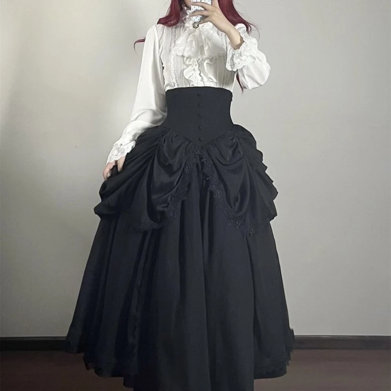 NONSAR Gothic Black High Waist Fishbone Slim Mid Skirts Women Palace Style Vintage Solid Button A-Line Irregular Y2K Long Skirt