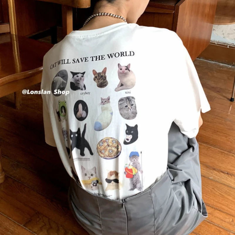 

Cute Cat Printed Graphic White T-Shirt Loose T Shirt Fashion Aesthetic Top Women y2k Korean Clothing grunge Soft Girl Kawaii Tee