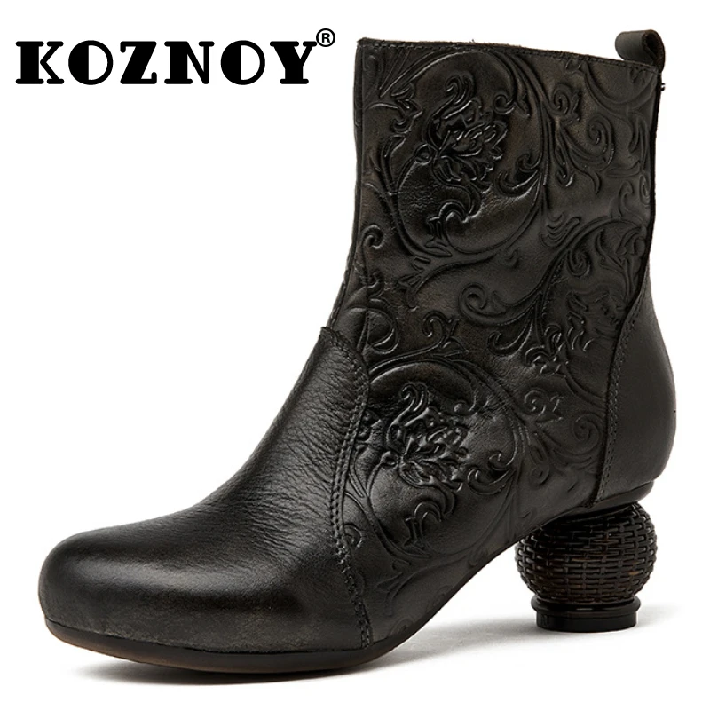 

Koznoy 5.5cm Luxury Retro Embossed Genuine Leather Designer Elegance Mid Calf Boots Ethnic Autumn Spring ZIP Women Ladies Shoes