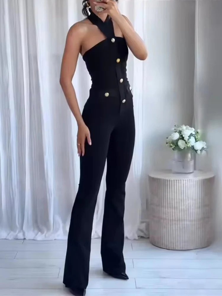 Women 2 Pieces Pants Sets 2025 New Fashion Gold Button Halter Top + Flare Trousers Women's Suit Bodycon Set Woman Outfits
