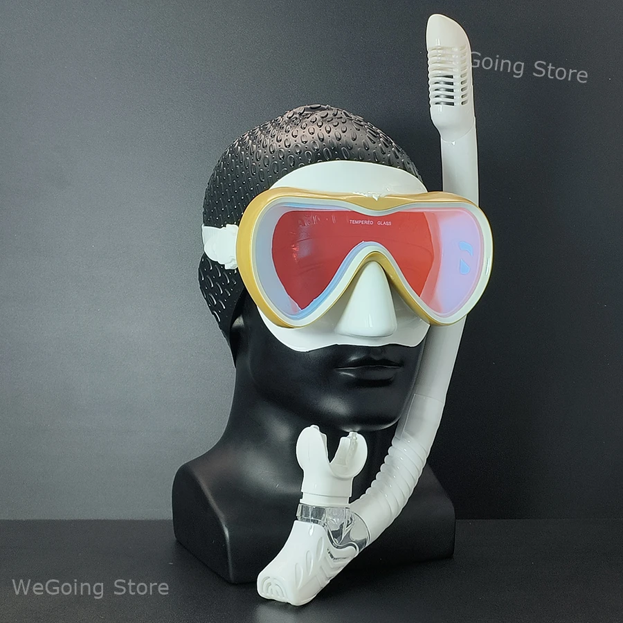 

Professional New Mirror Tempered Glass Scuba Diving Mask Snorkeling Gear with Silicone Waterproof Swimming Caps