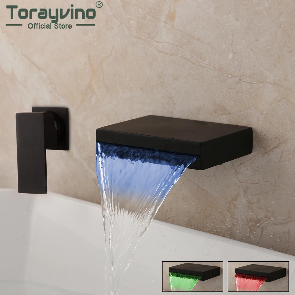 Torayvino LED Matte Black Waterfall Bathroom Faucet Wall Mounted Bathtub Basin Sink Faucets Chrome Hot And Cold Mixer Water Tap