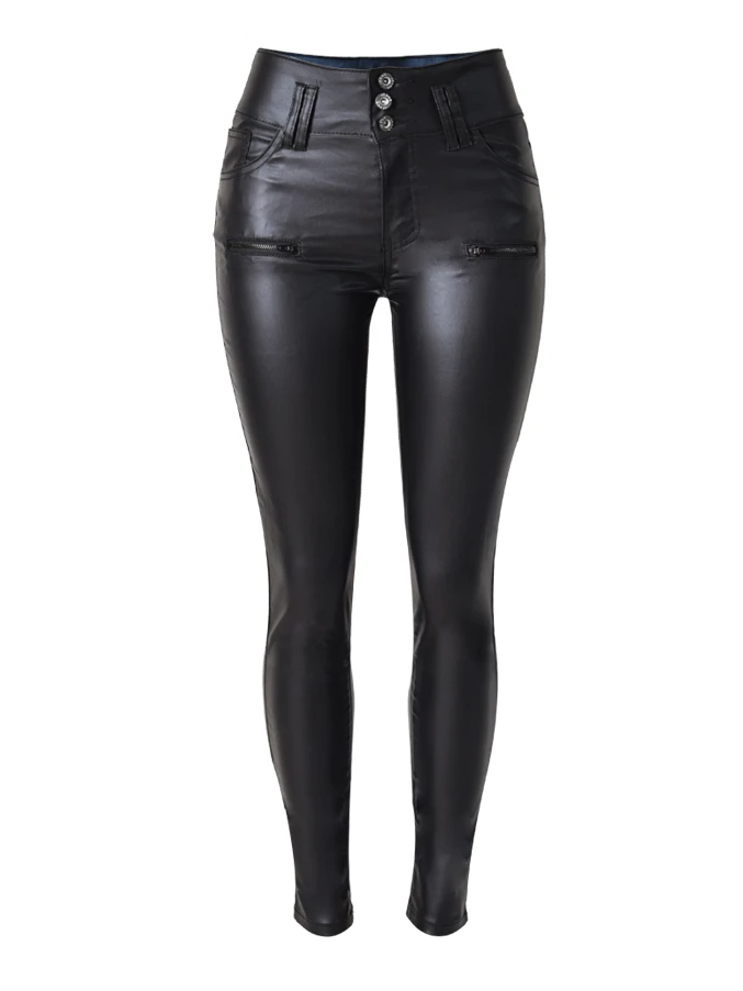 

High Waist 3 Button PU Slime Skinny Leather Denim Pants Fake Zippers Black Coated Jeans Women