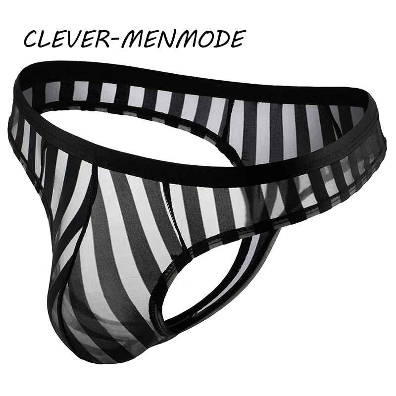 CLEVER-MENMODE Sexy Men's Underwear Transparent See Through Striped Thong Breathable Mesh Bikini U Convex Bulge Pouch Panties male underwear