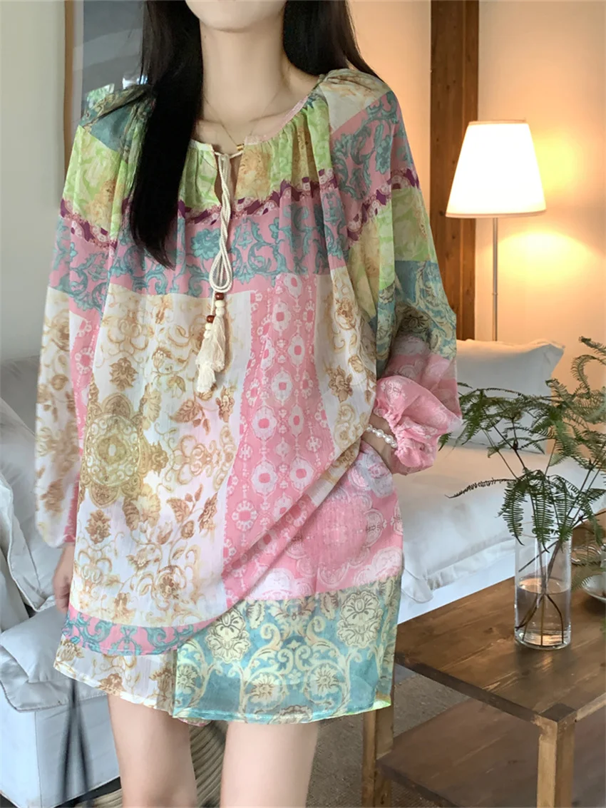 

PLAMTEE солнцезащитный принт винтажные женские комплекты новые блузки индийские народные Мягкие Летние с длинным рукавом стильный шикарный Повседневный костюм шорты