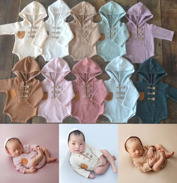 Dvotinst Newborn Baby Photography Props Vintage Knitting Hooded Outfit with Buttons Full Sleeve Bodysuit Studio Shoot Photo Prop