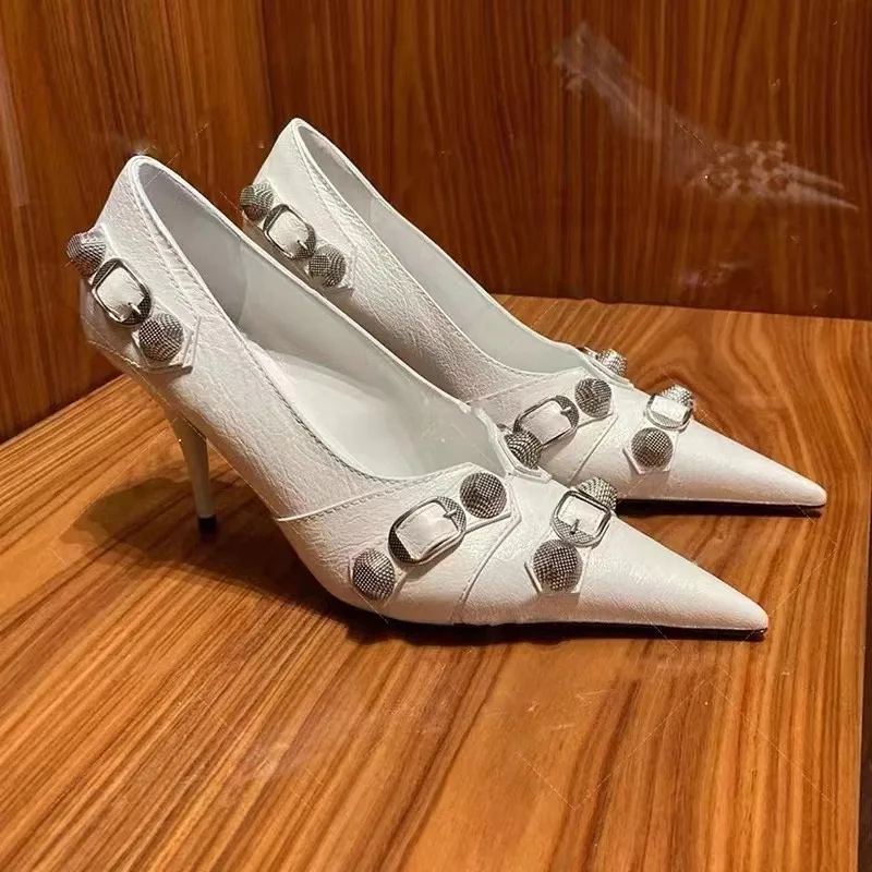 

New Pointed Toe Sexy High Heels Female Punk Rivet Stiletto Medium Heel Pumps Slip-On High Heels