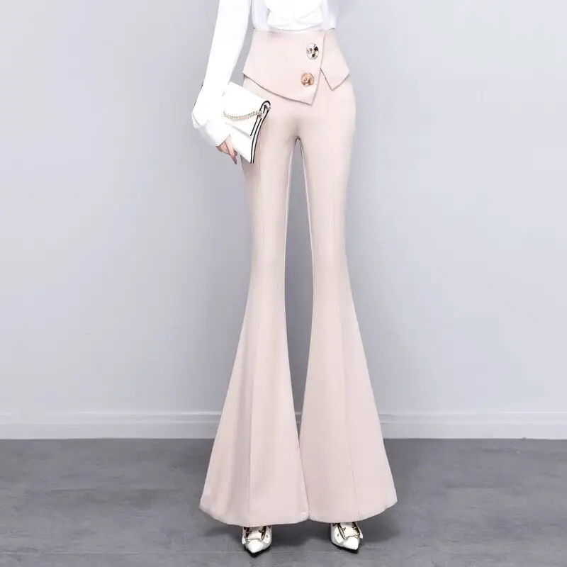 Women Designer Office Work Flare Floor Length Pants Bell Bottom Leggings Skinny High Streetwear Business Trousers Buttons Decor