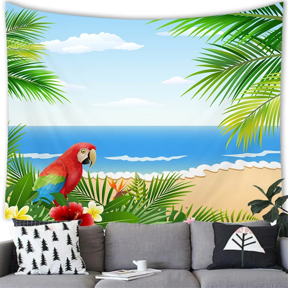 

Green Plants Tapestry Tropical Jungle Palm Leaf Leaves Wildlife Parrot Birds Tapestries Bedroom Living Room Wall Hanging Decor