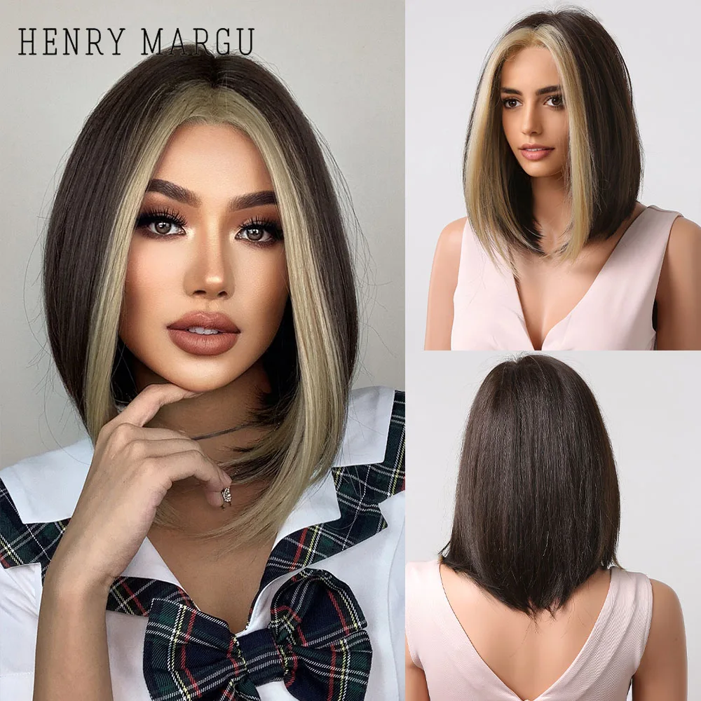 

HENRY MARGU Bob Short Straight Synthetic Wigs Brown Mixed Blonde Middle Part Wigs for Black Women Heat Resistant Cosplay Hair