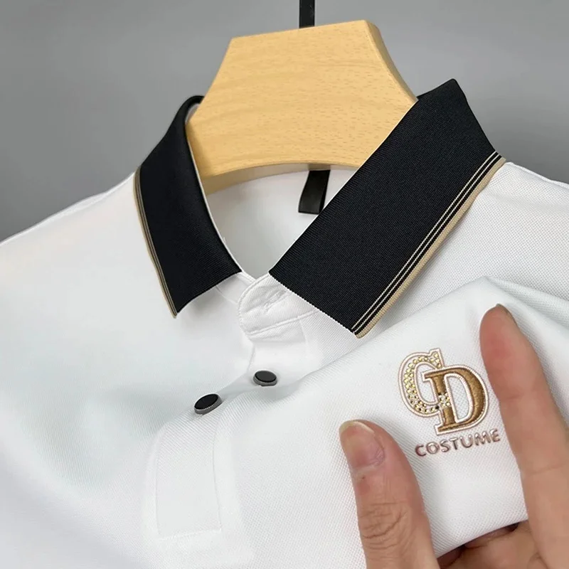 

Luxury summer cool ice silk short sleeve T-shirt men's lapel fashionable embroidery polo 2024 new casual Paul Men