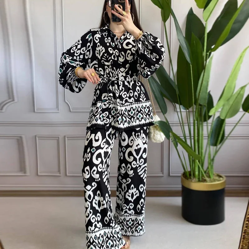

Casual Printed Harajuku Set Spring Fall Long Sleeve Sashes Shirt Bandage Loose Wide Leg Pants Outfits Women Fashion 2 Piece Suit