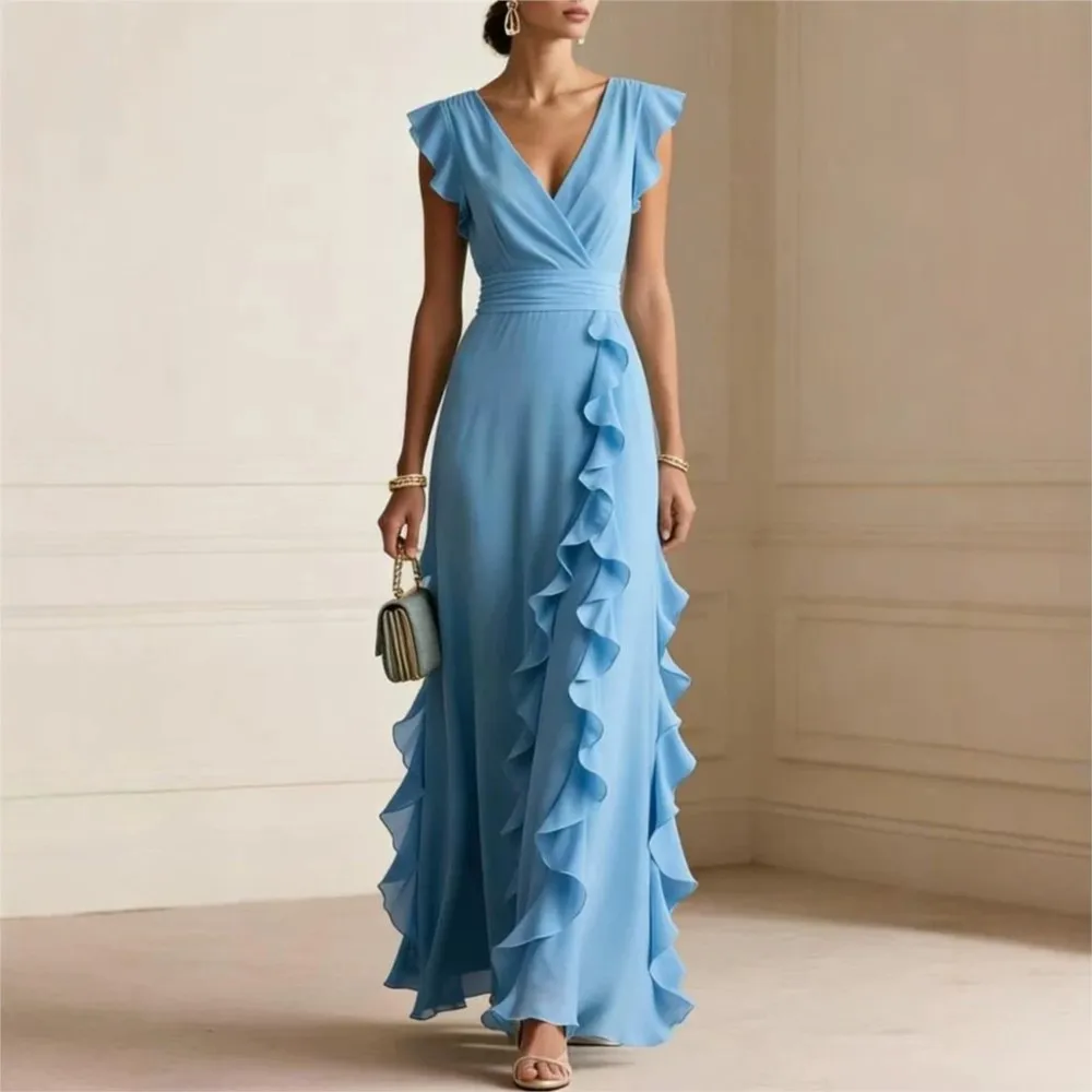 Elegant Party Prom Slim Long Dress Summer Women Fashion Solid V-neck Butterfly Sleeve High Waist Ruffles Casual Dresses Robe