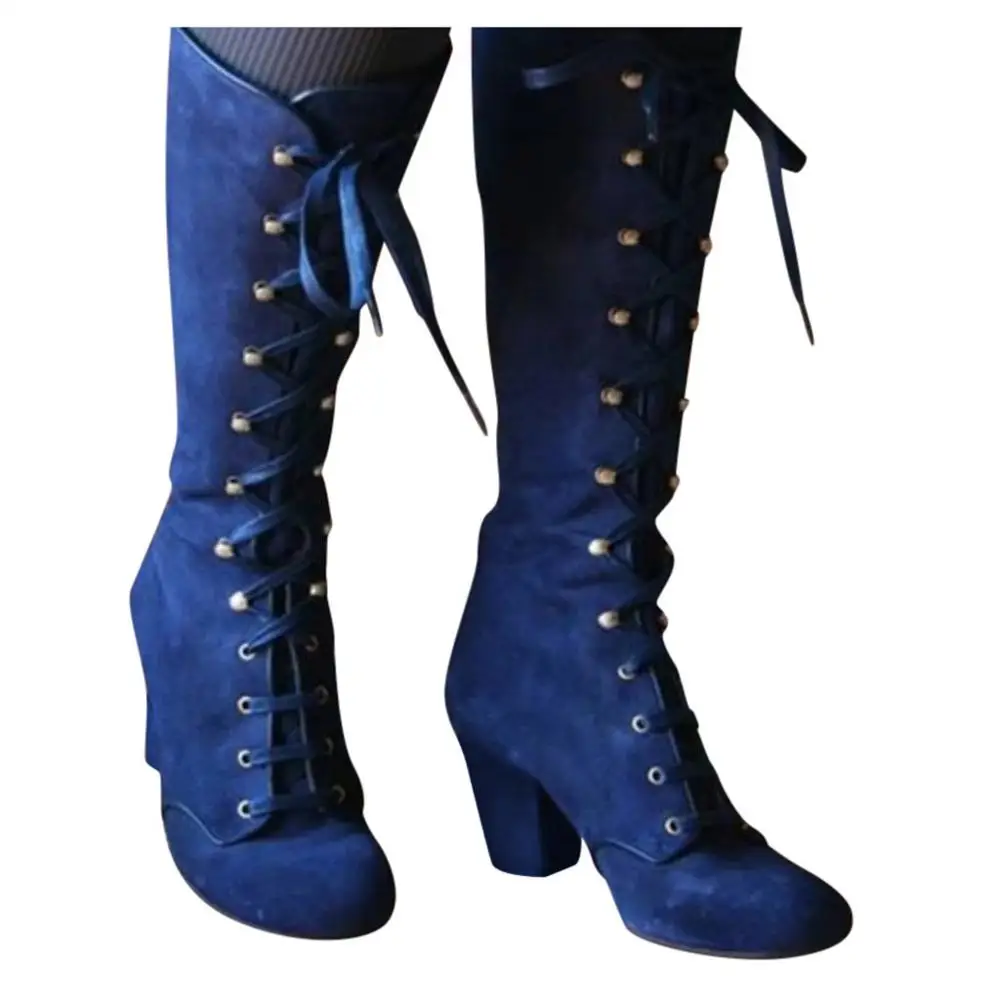 Black boots women Shoes knee high Women Casual Vintage Retro Mid-Calf Boots Lace Up Thick Heels Shoes women knee boots