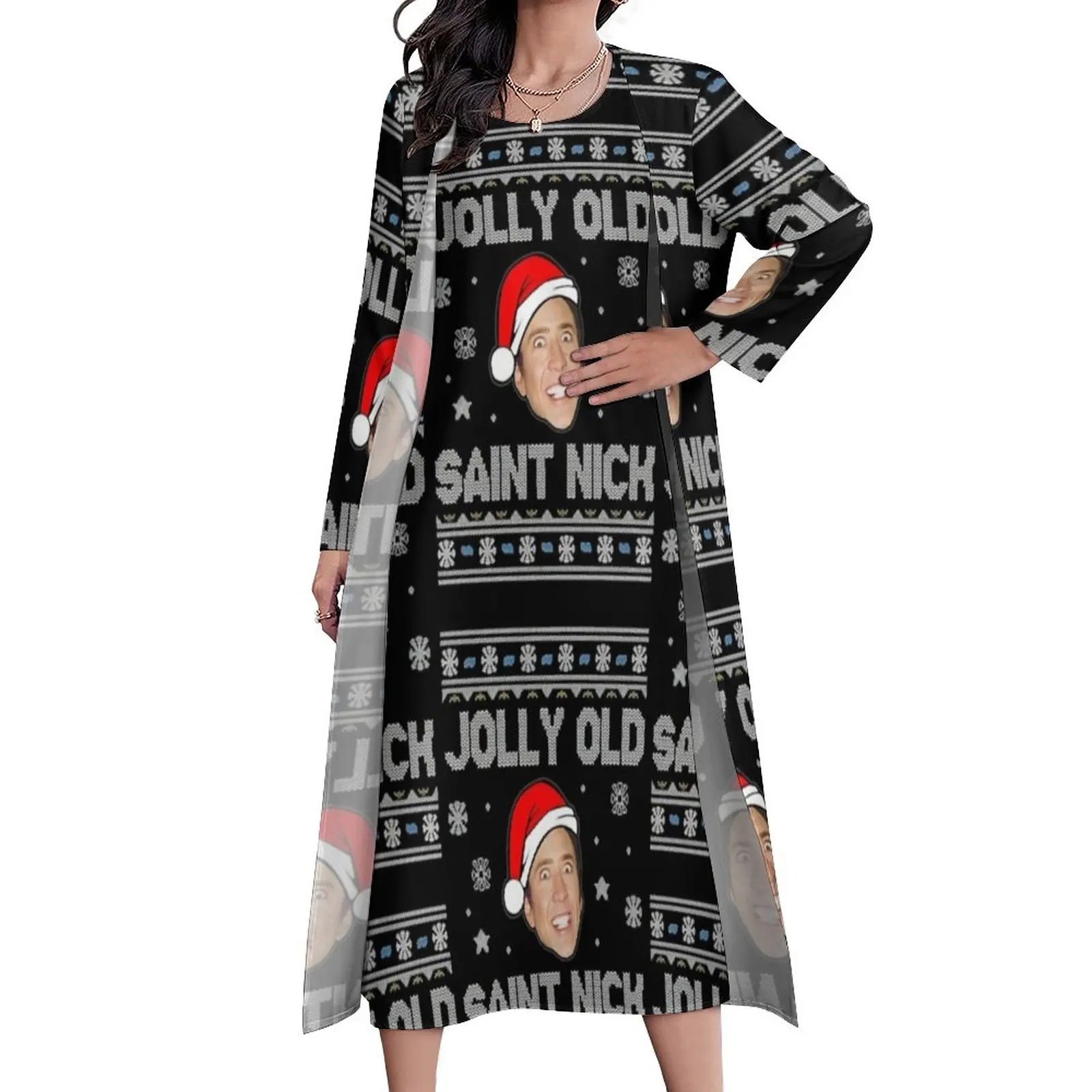 

Funny Nicolas Cage Dress Merry Christmas Maxi Dress Street Style Casual Long Dresses Women Two Piece Printed Oversize Vestidos