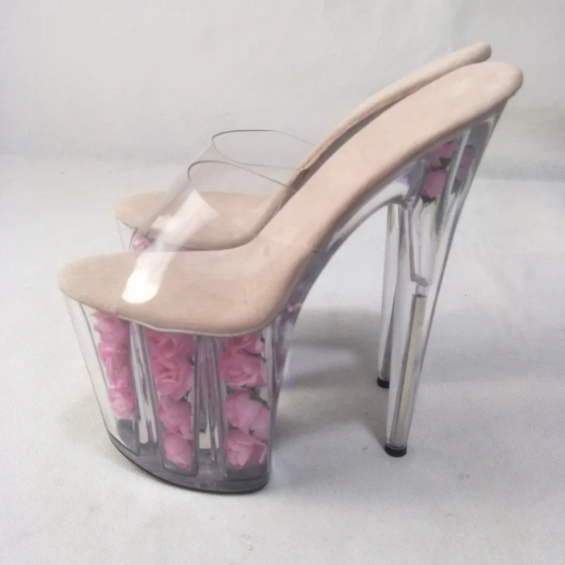 

Summer style romantic pink rose glass , model stage performance high heels 20CM transparent dance shoes