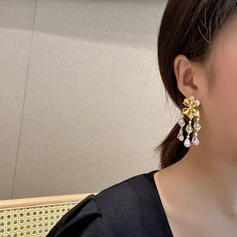 Bilincolor Gradient Colored Zircon Exquisite Flower Tassel Earrings for Women