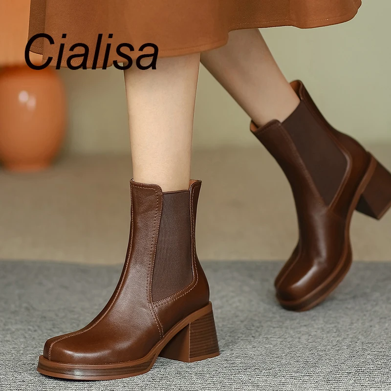

Cialisa Real Leather Short Boots Women 2022 Autumn Winter Platform Round Toe Thick Heels Elastic Chelsea Boots For Lady 40 Brown