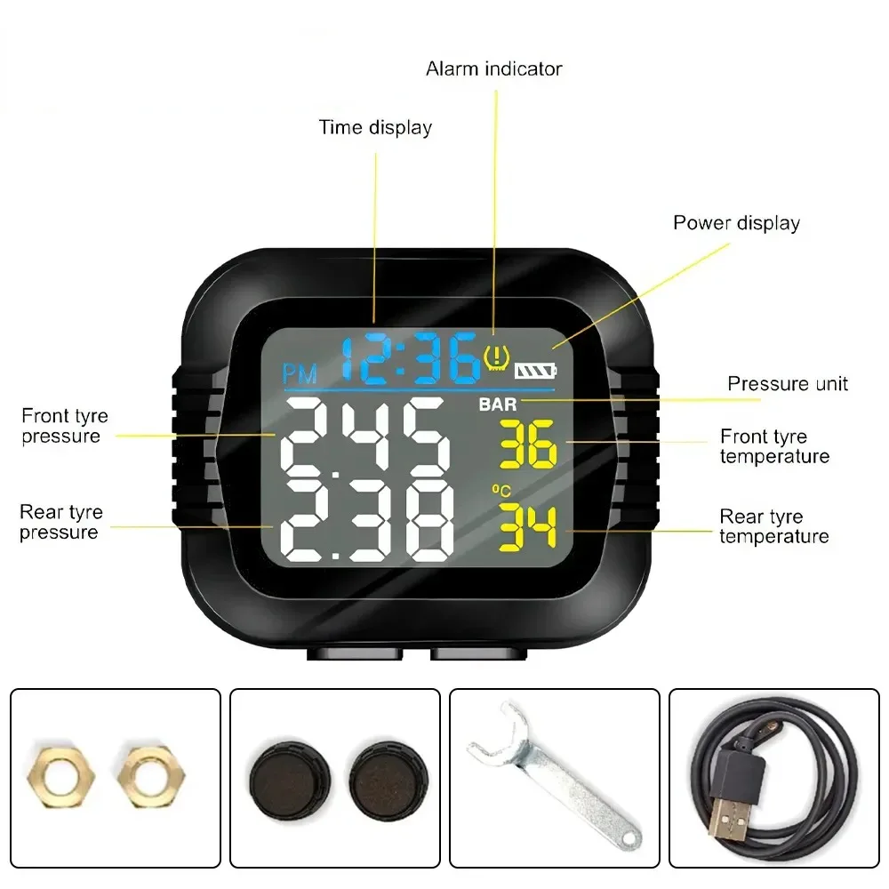 Motorcycle TPMS Tire Pressure Monitoring System Temperature Alarm With 2 External Sensors Moto Tyre Alarm Systems Real Time motorcycle tire pressure monitor