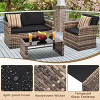 4-Piece Patio Wicker Rattan Sectional Sofa Cushions Glass Table All-Weather Garden Porch Backyard, Customized 5