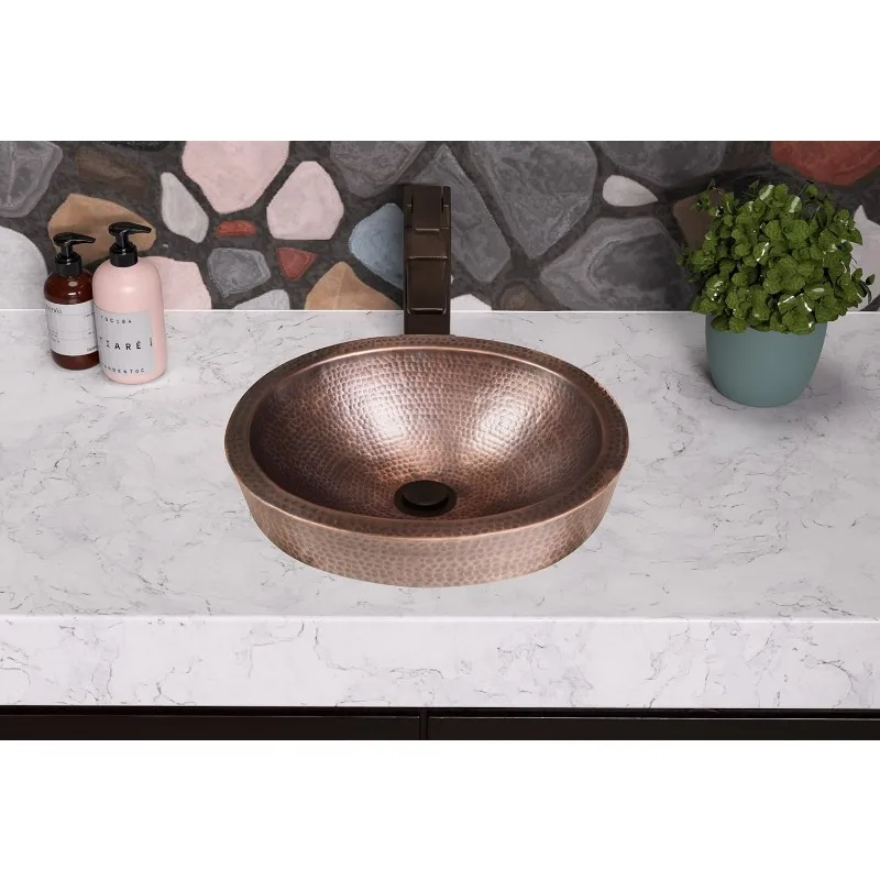 17004 Pure Copper Hand Hammered Oval Skirted Bathroom Vanity Sink (17 inches),Matte Black,Classic White 5