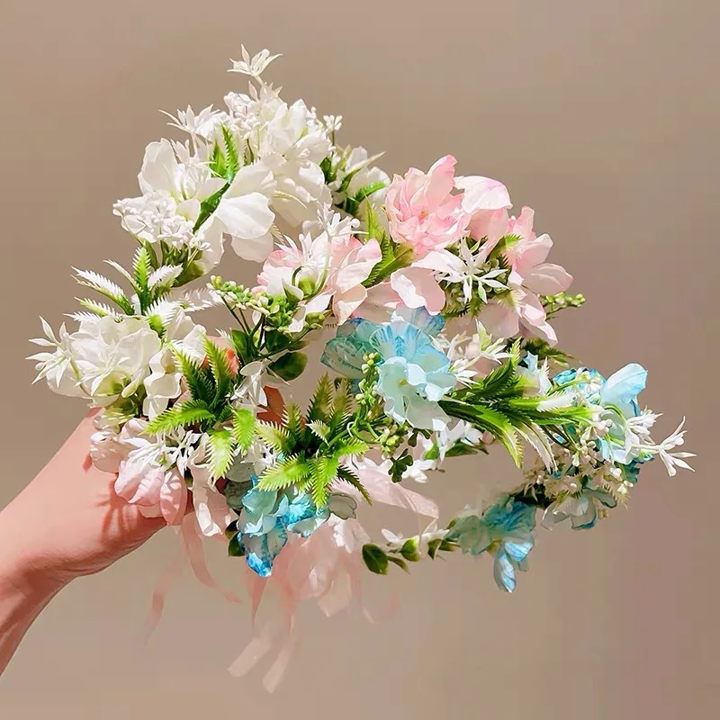 Summer Flower Crown for Women and Girls Beach Traveling Hair Accessories Floral Headbands Super Fairy Ribbon Hairbands Tiaras