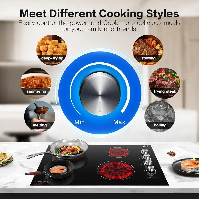 AMZCHEF 30 Inch Built-in Electric Cooktop,7000W and 4 Burners Cooktop with ETL Safety Certified,Knob Control Levels