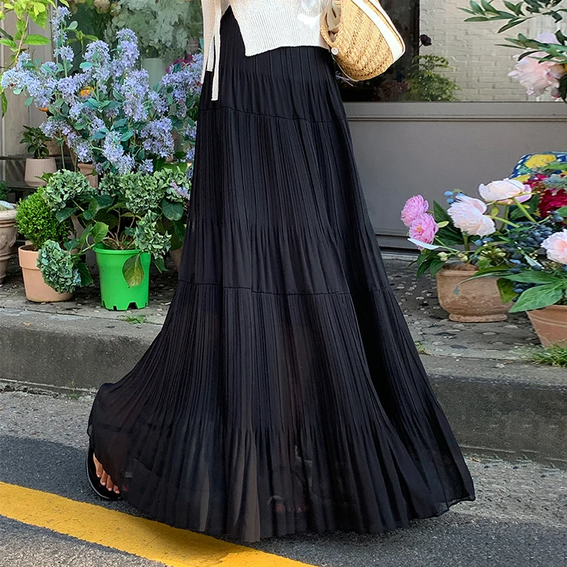

Clothland Women Stylish Pleated Long Skirt Elastic Waist A Line Basic Summer Outwear Ankle Length Female Skirts Mujer BA240