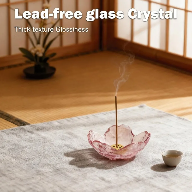 Incense Burner Candlestick Glass Cherry Blossom Incense Burner Candlestick with 9 Incense Holes Ash Collector Home Decoration