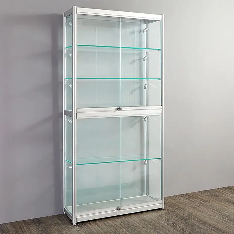 커스텀 전체 잠금 가능한 높은 유리 디스플레이 캐비닛, 알루미늄 프레임, Led 조명, 벽 디스플레이 쇼, 슬라이딩 도어
