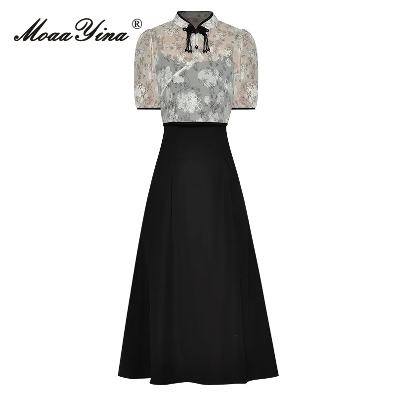 

MoaaYina Summer Fashion Runway Vintage Floral Print Skirt Set Women Stand Collar Button Beading Top+Sling Long Dress 2 Piece Set