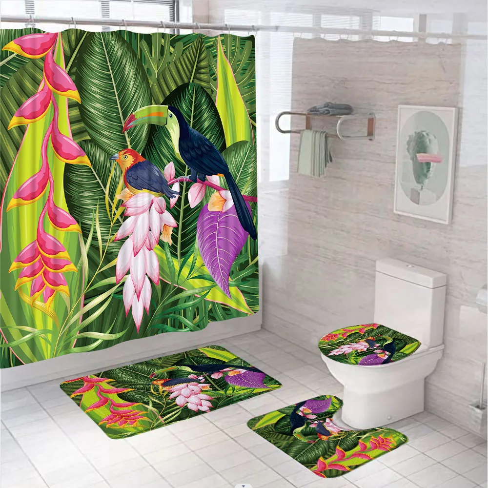 

Toucan Bird Shower Curtain Set Tropical Plant Jungle Palm Leaf Animal Bathroom Decor Curtains Non-Slip Rug Toilet Cover Bath Mat