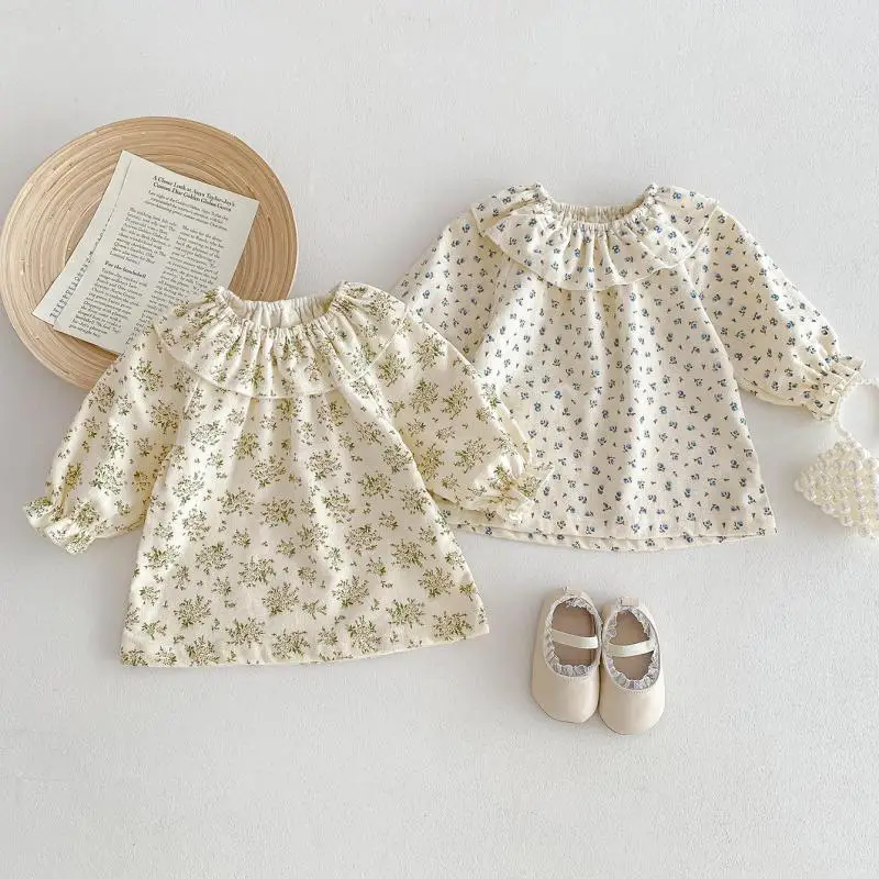 Spring New Baby Girl Loose Casual T Shirt Cotton Toddler Long Sleeve Ruffled Collar Tops Infant Girl Floral Bottoming Shirt