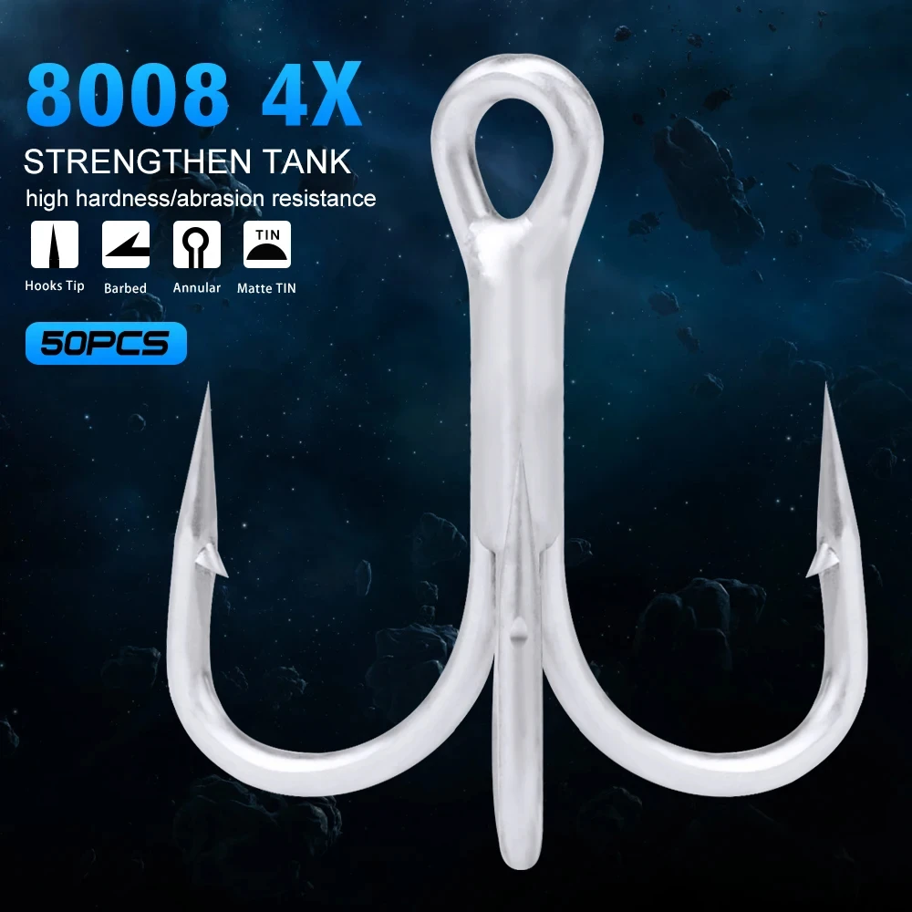 

50pcs/lot High-Carbon Steel High Strength 4X Hot Hooks Matte Tin Treble Hooks 4/0#-3/0#-1/0#-1#-2#-4#-6# Saltwater Fishing Hook