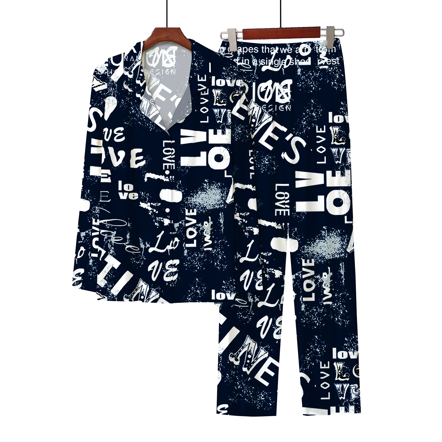 Spring Autumn 2023 New 3D Digital Printing Fashion Letter Button Cardigan Imitation Cotton Sleepwear Nightwear Home Casual Set