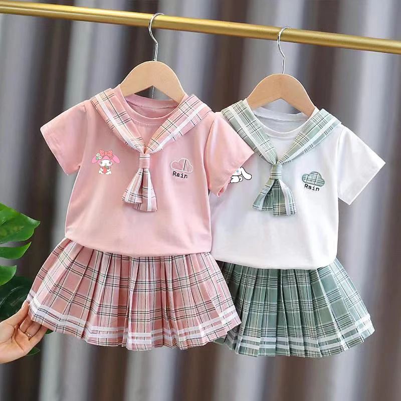 

Cartoon Sanrio My Melody Cinnamoroll Children's Jk Uniform Set Summer Short-Sleeved T-Shirt College Style Girls Pleated Skirt