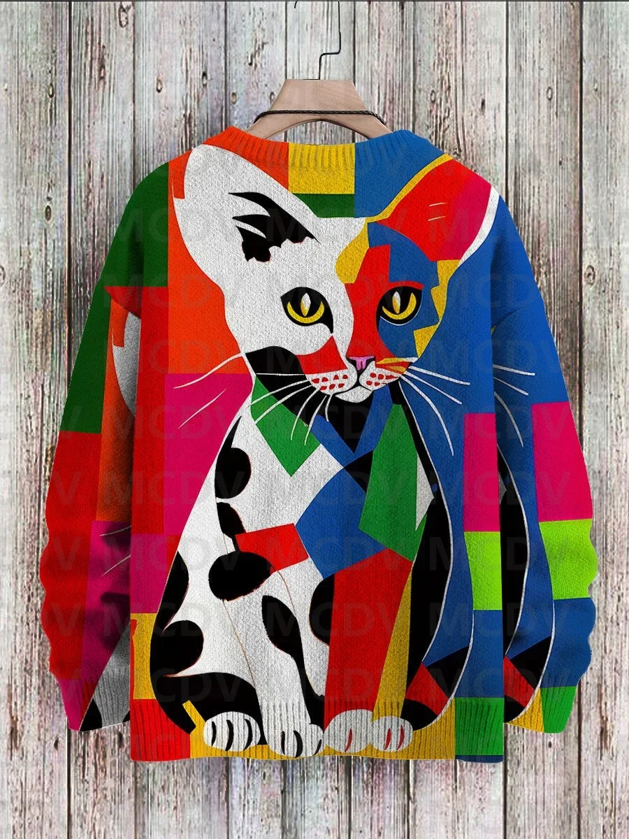 Abstract Art Cat Multicolor Print Casual Pullover Knit Sweater Women For Men Sweater