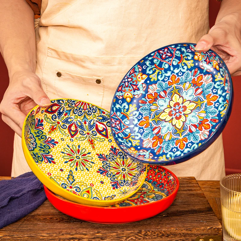 7/8inch Bohemian Ceramic Underglaze Colour Plate High Appearance Level Home Creative Dish Plate Fruit Steak Round
