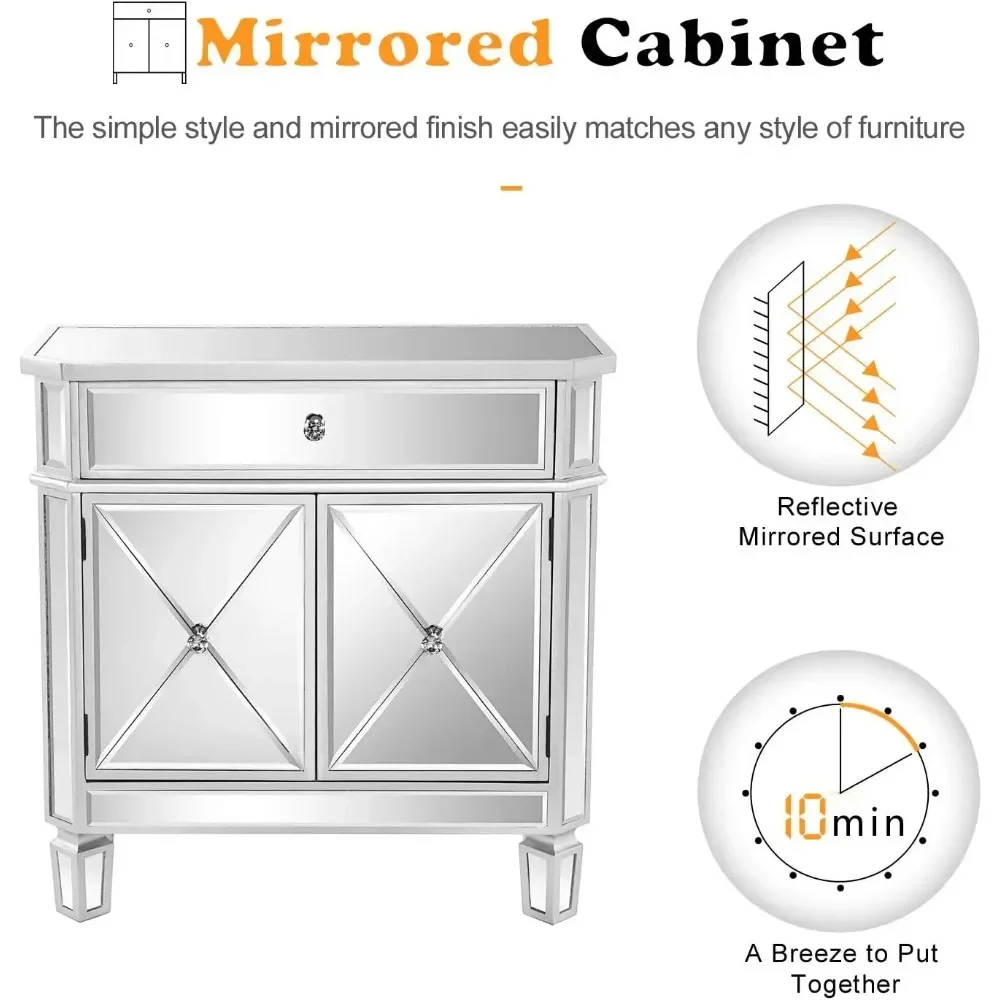 Mirrored Cabinet, Mirrored Nightstand, Mirrored Dresser Accent Chest, Large Mirror Nightstand with 1 Drawer and Two Doors 3
