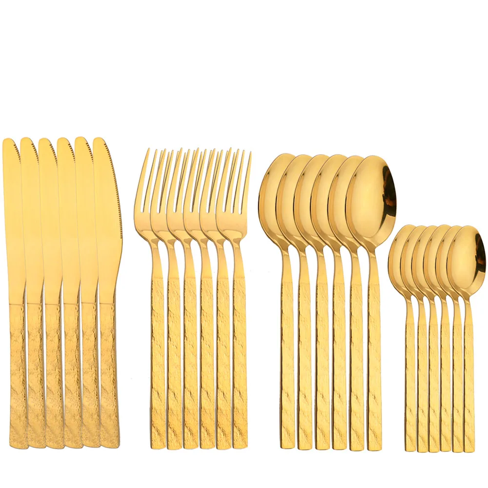 

24Pcs Gold Dinnerware Set 18/10 Stainless Steel Tableware Knife Tea Fork Coffee Spoon Cutlery Kitchen Flatware Dishwasher Safe