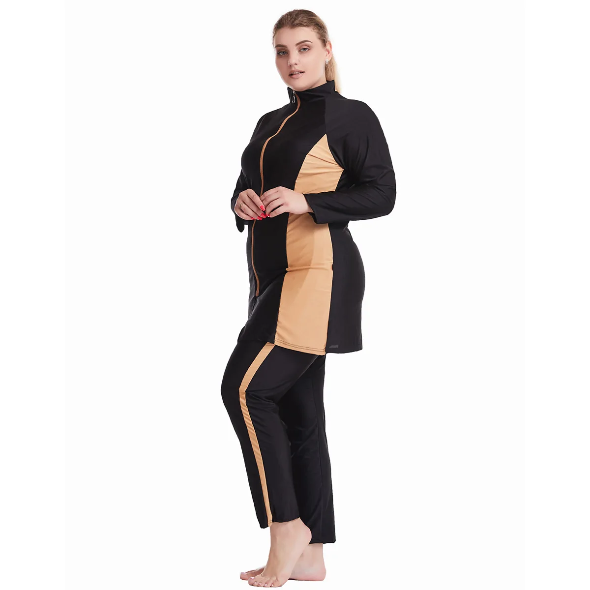 Plus Size Burkini Hijab Modest Muslim Swimwear Bathing Suit with Color Block Zipper for Islamic Women Burkini Muslim Swimwear