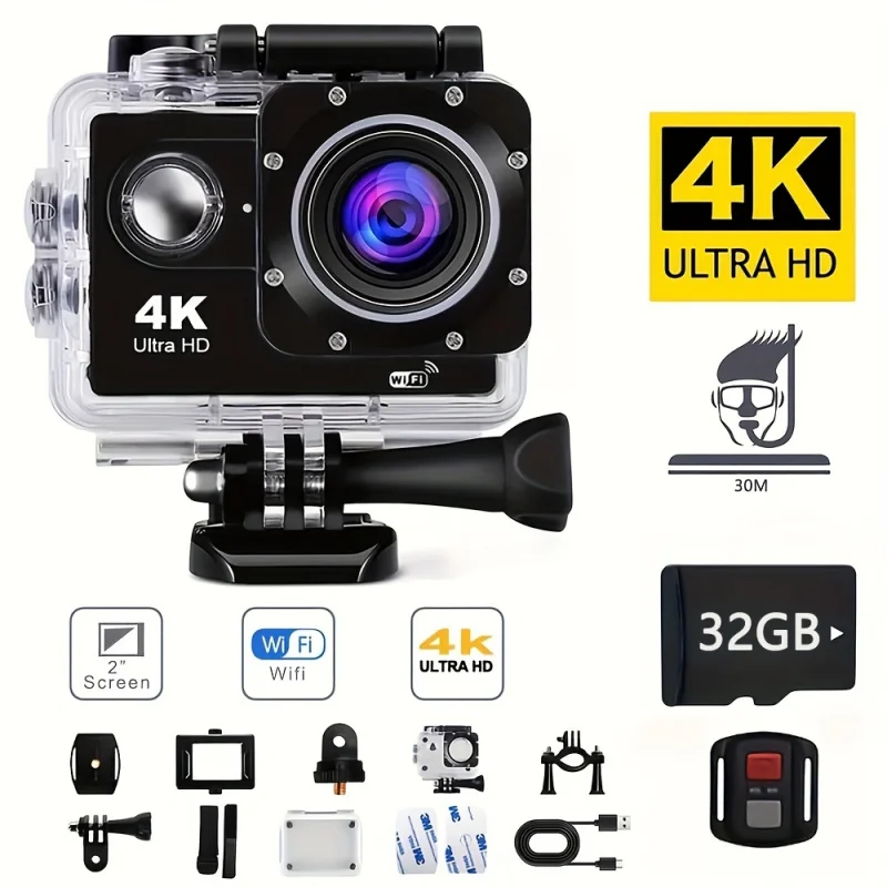 Regaton 4K WiFi Action Camera Comes With 32GB Card, 170° Wide-Angle Remote Action Camera, Pre-Recording Function, Helmet Mount