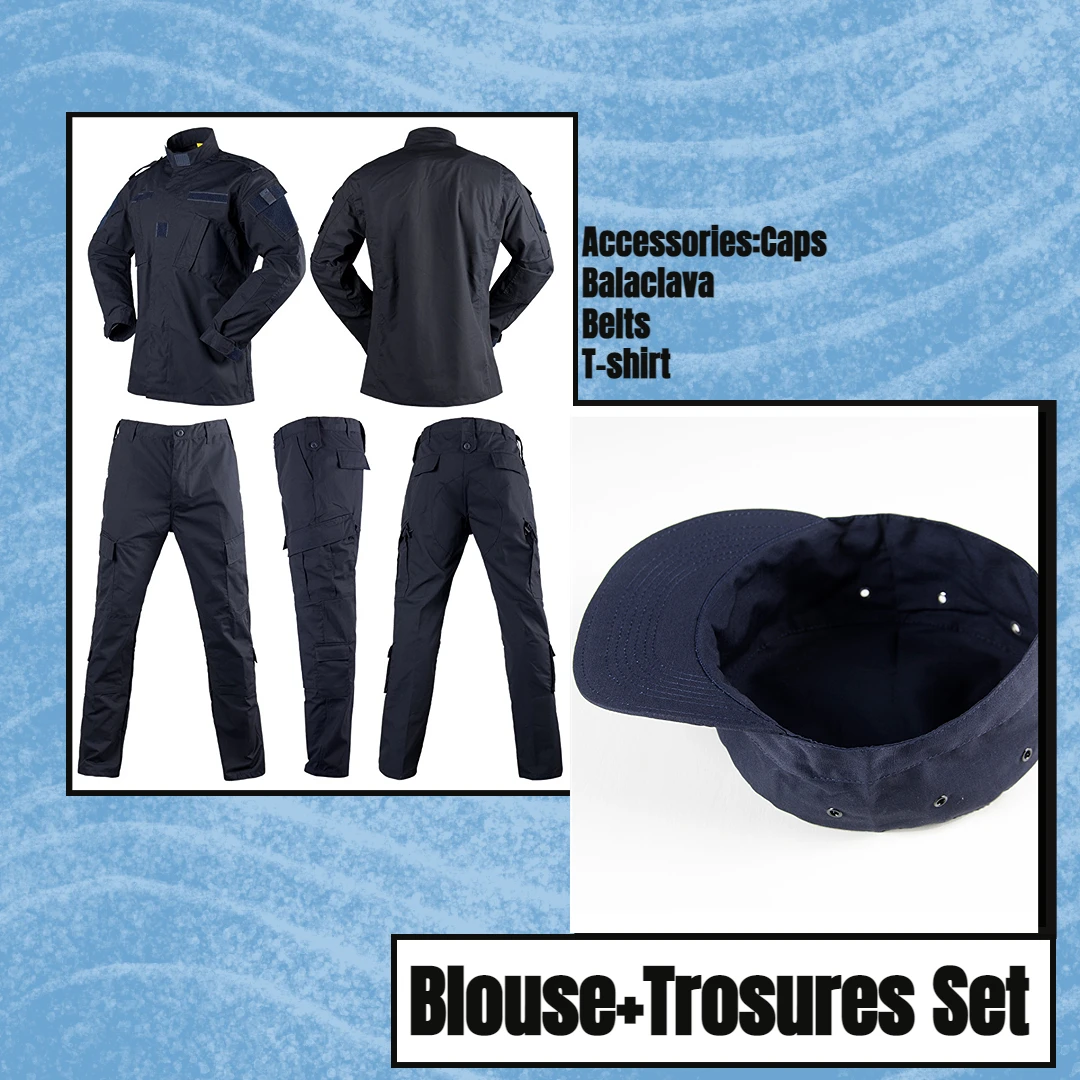 Navy Blue Workwear Ribstop Cargo Pants Blouse Suits Men's Uniform With Hat 2