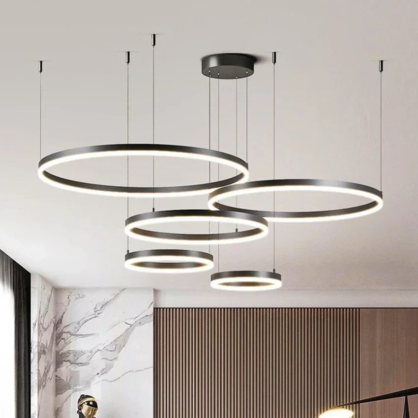 Modern Led Pendant Lights Home Lighting Brushed Rings Ceiling Mounted Chandelier Round Hanging Lamp Gold Coffee Color Lustre 6