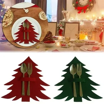 Red and Green Christmas Tree Cutlery Set Knife and fork Mat Table Decoration Items Home Convenience Supplies