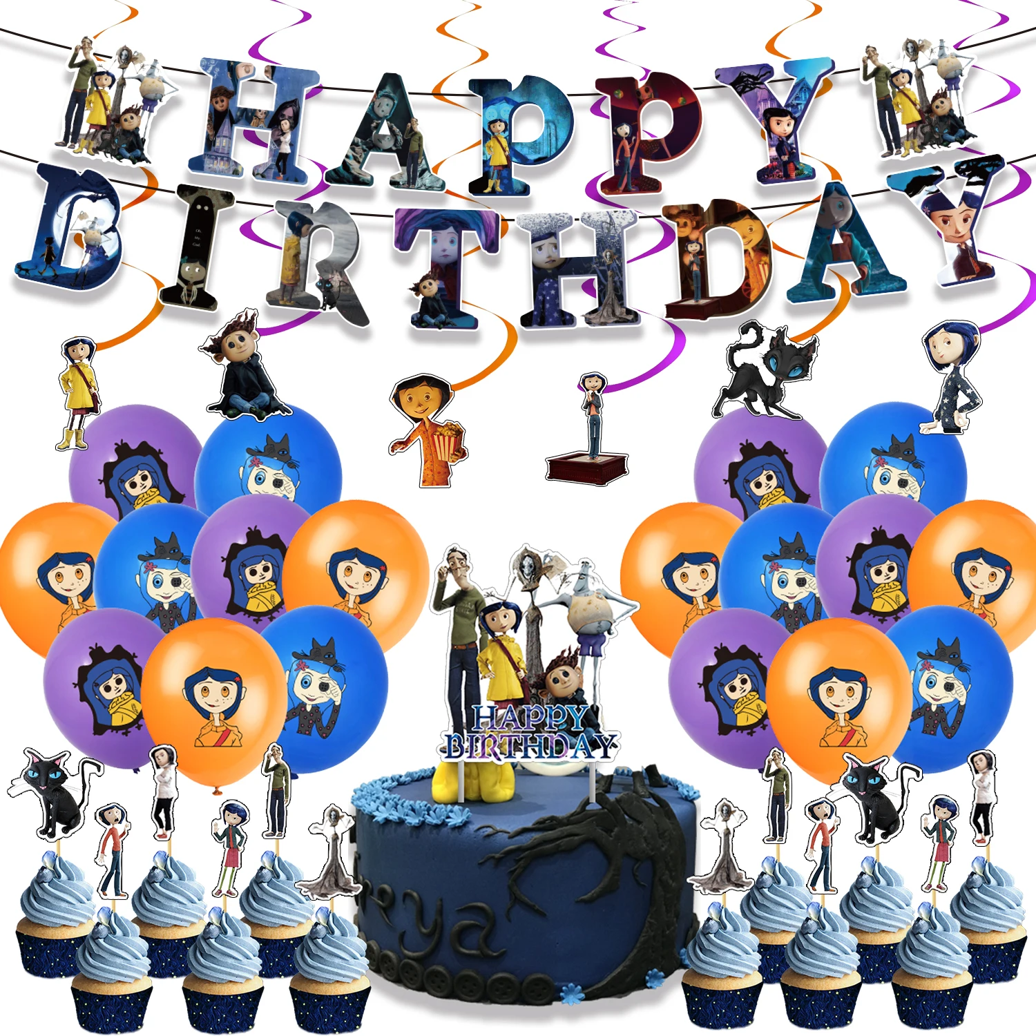 Coraline Theme Horror Series Birthday Party Decoration Set Banner Cake Card  Balloons Halloween Party Event Scene Layout Supplies