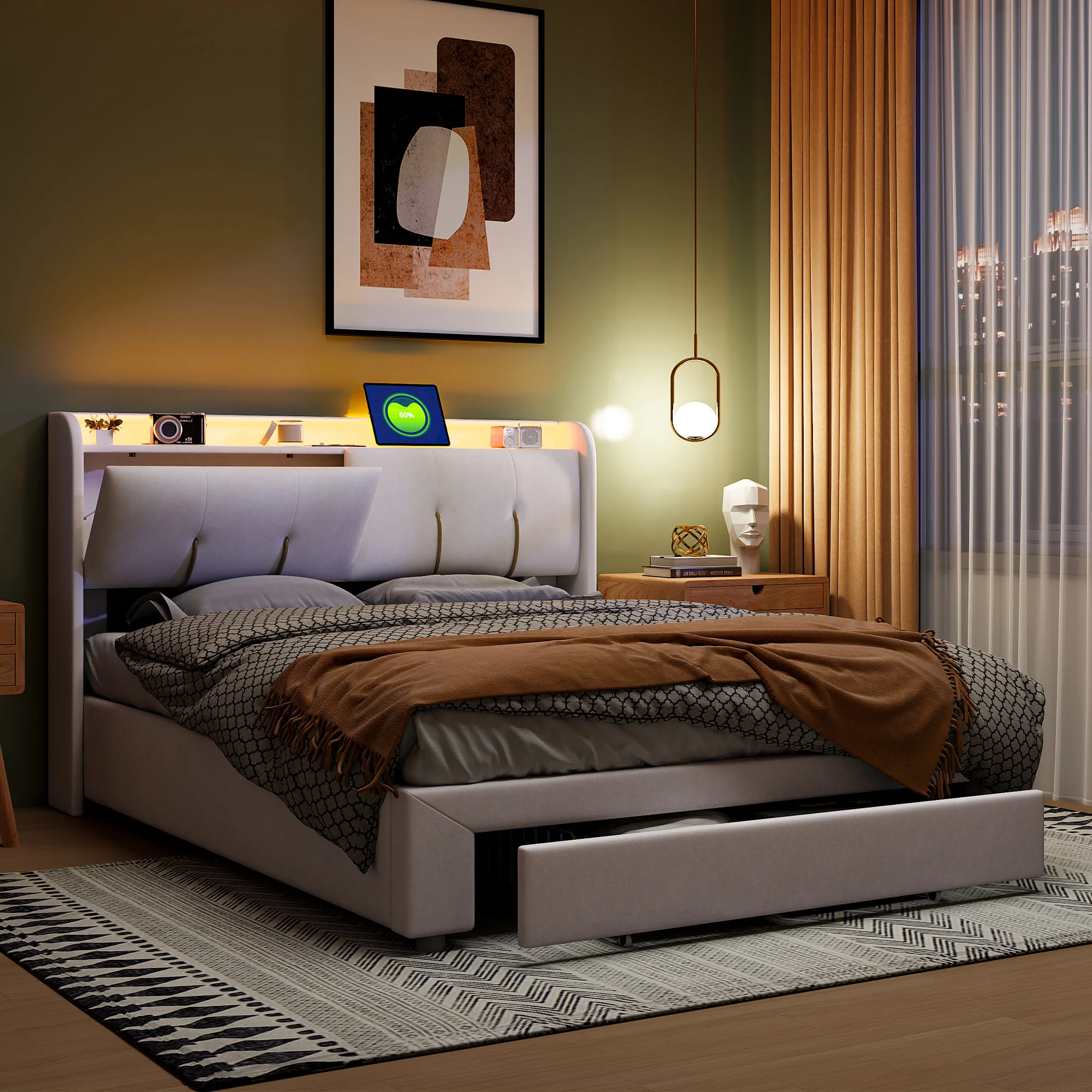 Rosahqnda Polsterbett mit Stauraum, LED-Doppelbett mit USB-Anschlüssen, Kastenbett, mit Stauraum, Samtstoff, ohne Matratze – Detail 1