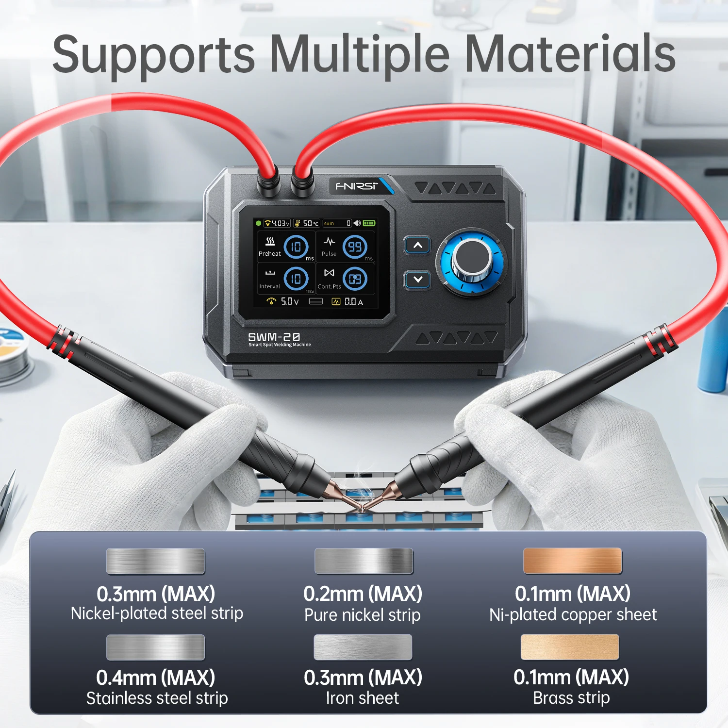 מכונת ריתוך נקודתי ניידת FNIRSI SWM-20, מכונת ריתוך סוללות בפולסים כפולים, תפוקה של 1200A, רצועת ניקל 0.1-0.4 מ\"מ, ערכת כלים 18650