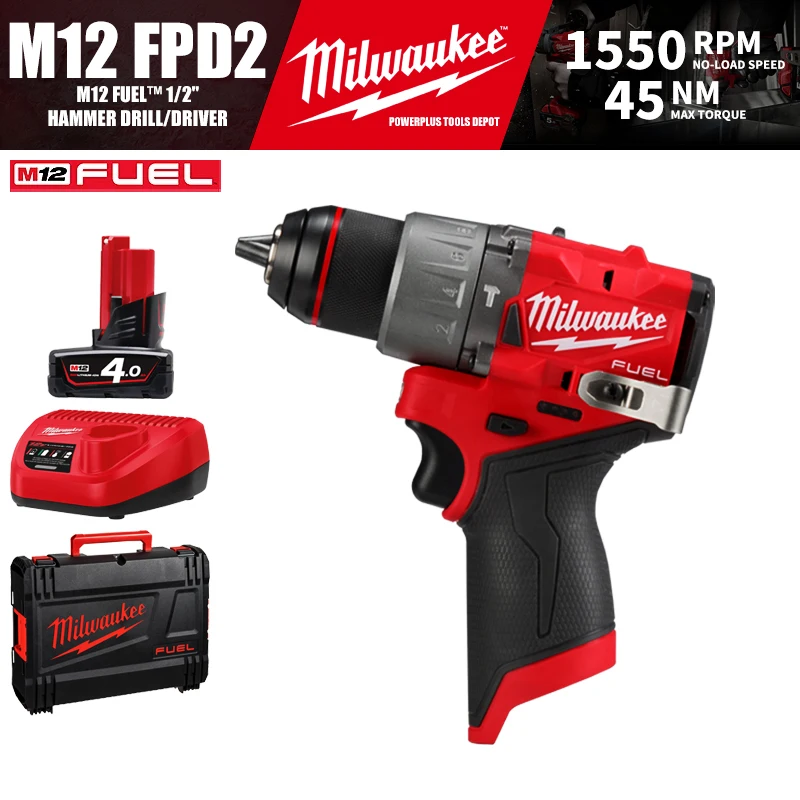 

Milwaukee M12 FPD2/3404 Kit M12 FUEL™ 1/2" Brushless Cordless Hammer Drill/Driver 12V Power Tools 45NM With Battery Charger