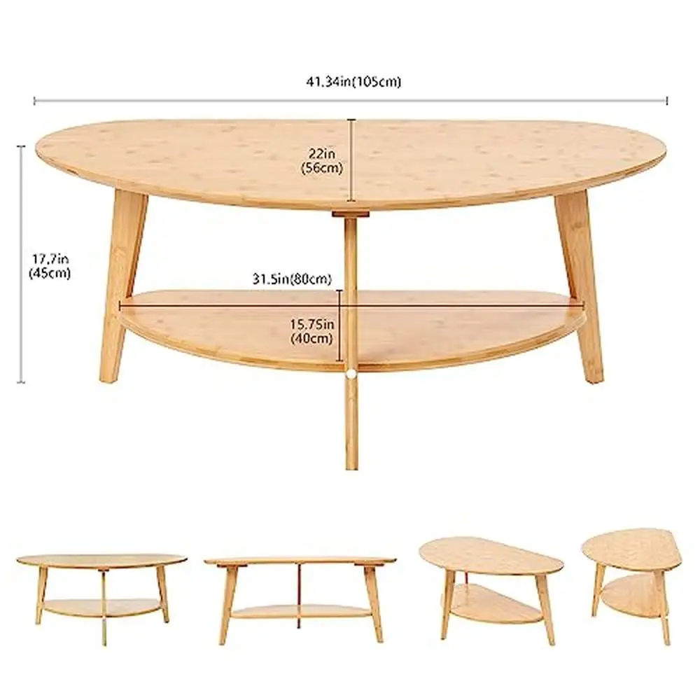 Nature Bamboo Oval Coffee Table with Storage Shelf Mid-Century Modern Living Room Furniture 41.5" Eco-Friendly Paint Durable &